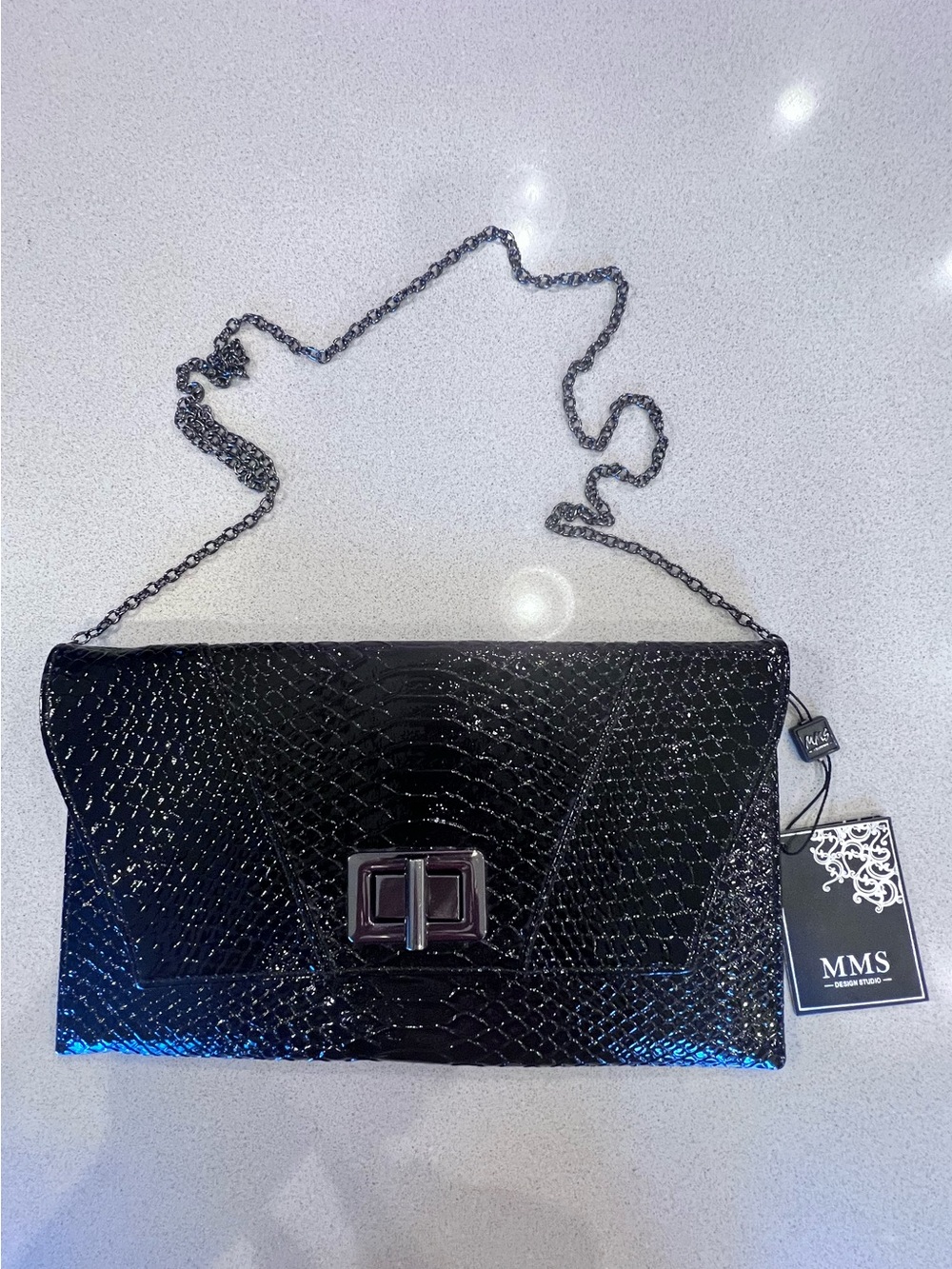 MMS Design Studio Detachable Chain Clutch silver-tone push-lock closure